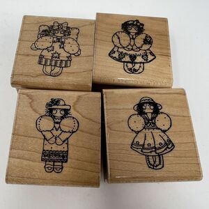 D.O.T.S. DOTS Lot (4) Wooden Rubber Stamp Set Little Country Angels 1.5" Vintage